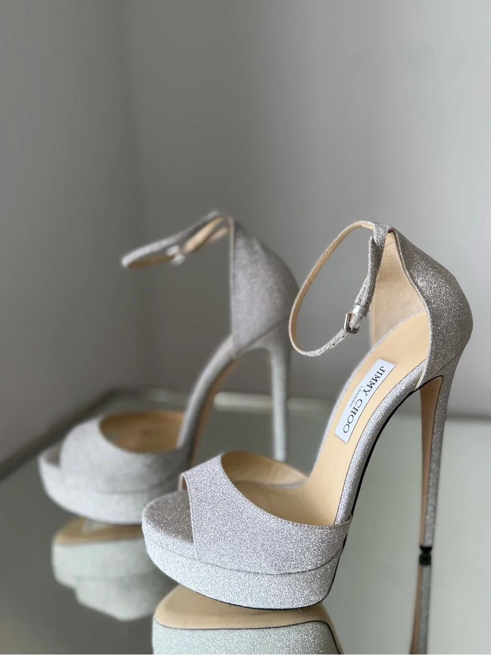 New Jimmy Choo Max 150 Metallic Silver Glitter Fabric Platform Stiletto Sandals